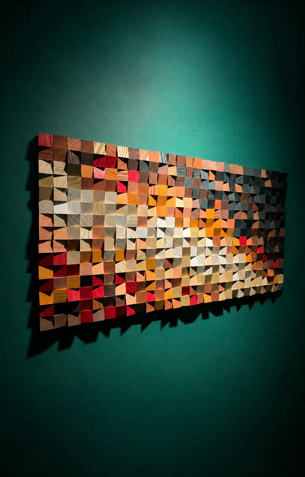 Wood mosaic panel in mixed natural, red and charcoal tones mounted on a deep green wall, raking light showing the relief depth