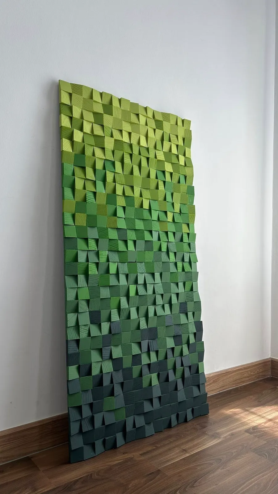 The Emerald, faceted emerald-toned wood mosaic panel