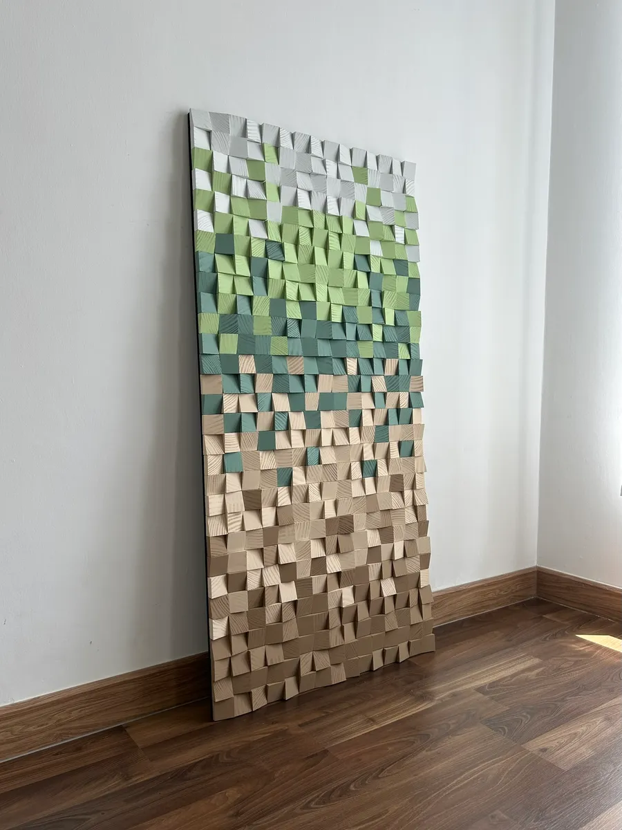 The Nature, layered green and sand wood mosaic panel
