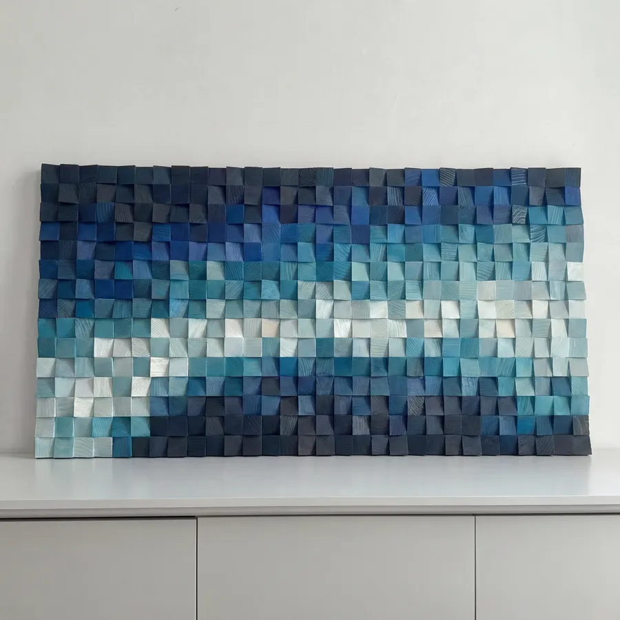 The Ocean, layered indigo wood mosaic panel